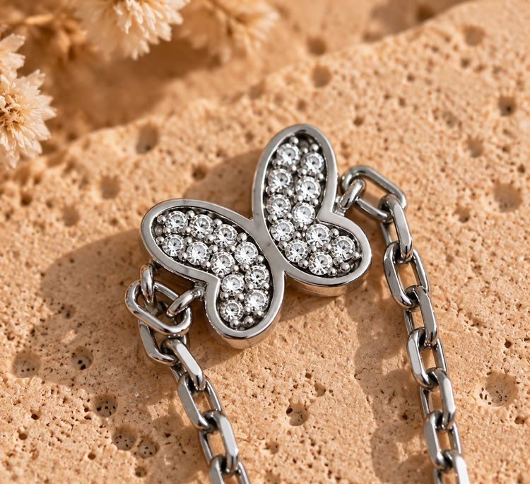 925 Sterling Silver Butterfly Watch Charm with Cubic Zirconia Stones