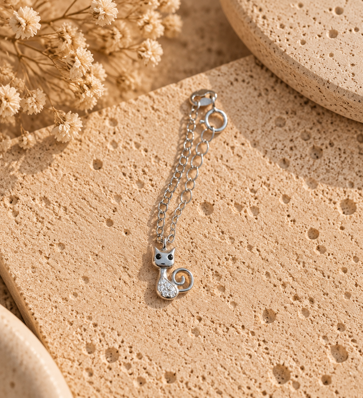 925 Sterling Silver Cat Watch Charm with Zirconia Stones