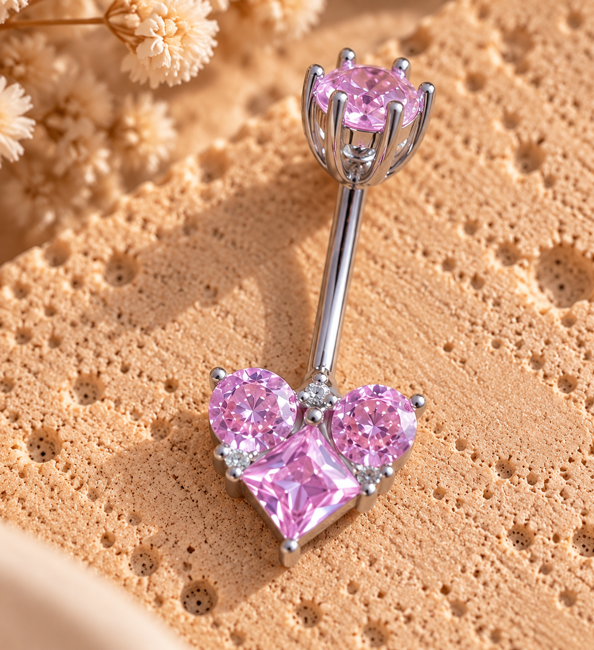 925 Sterling Silver Pink Zircon Heart Belly Button Ring