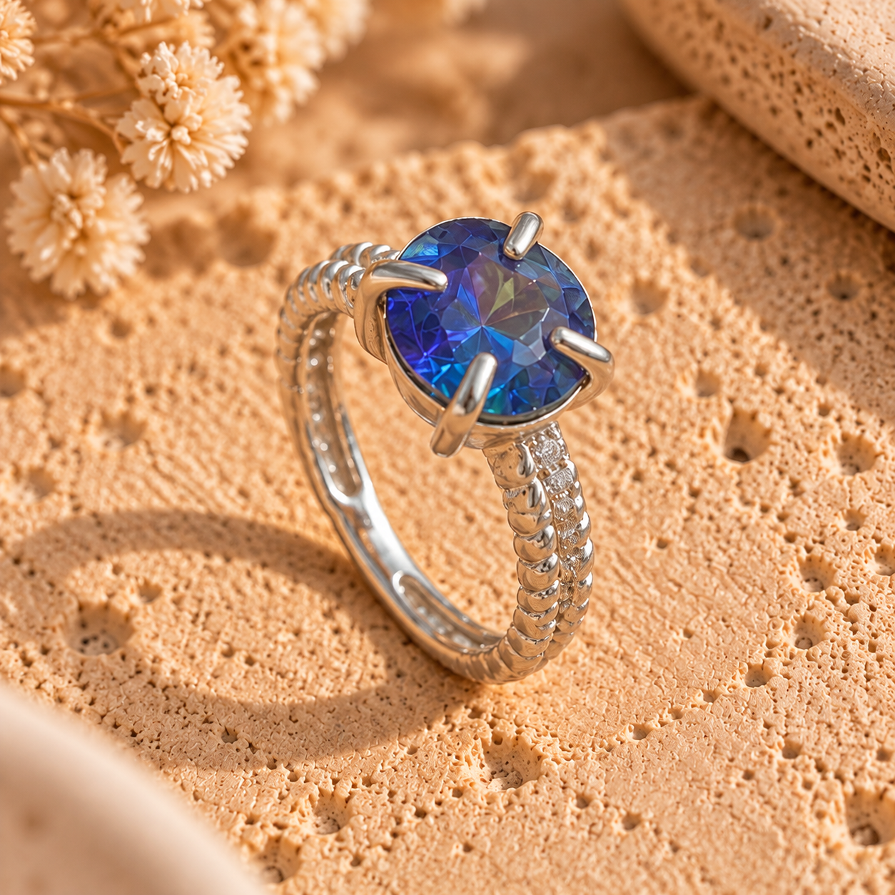 925 Sterling Silver Blue Zircon Gemstone Ring for Women | Elegant Silver Ring
