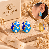 Blue Enamel Floral Stud Earrings for Women | Gold Tone Handmade Style Jewelry