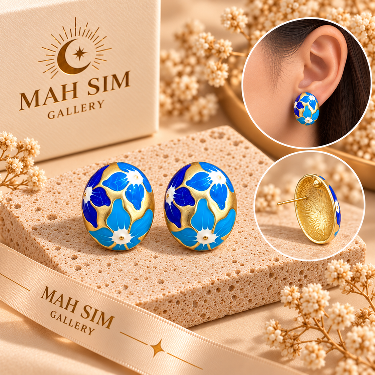 Blue Enamel Floral Stud Earrings for Women | Gold Tone Handmade Style Jewelry