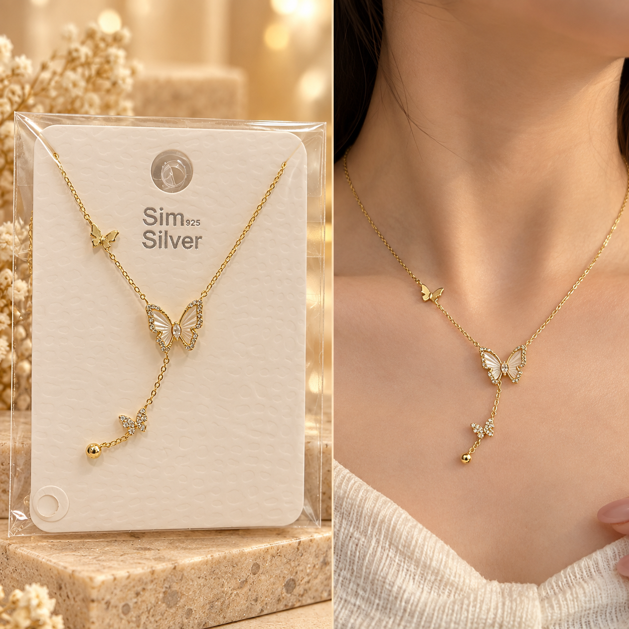 گردنبند نقره زنانه پروانه سهتایی آبکاری طلا برند sim silver