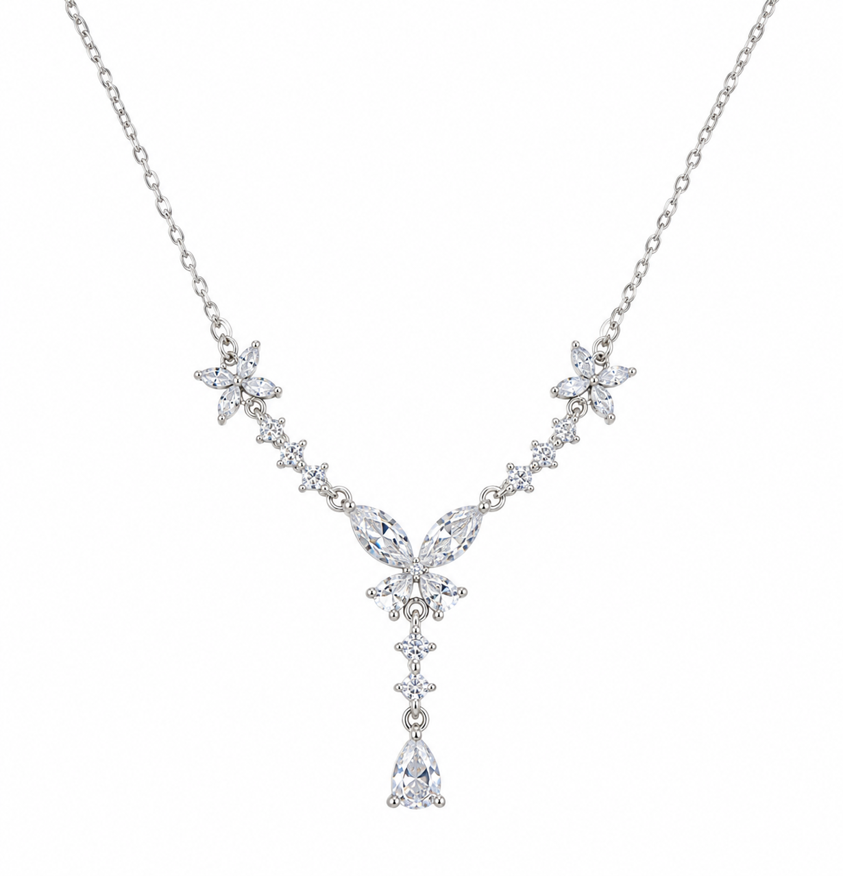 Silver Butterfly & Flower Drop Necklace for Women
