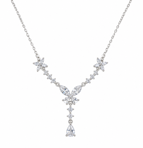 Silver Butterfly & Flower Drop Necklace for Women
