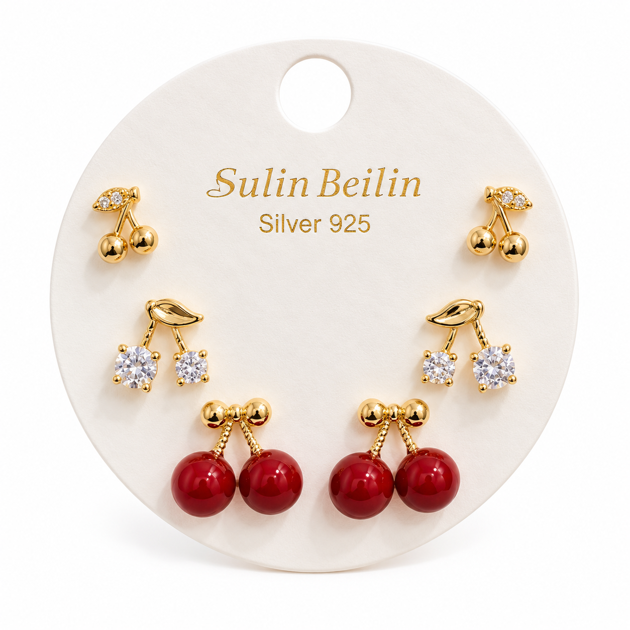 3 Pairs 925 Sterling Silver Gold Plated Cherry Earrings Set – Cute Stud Earrings for Women