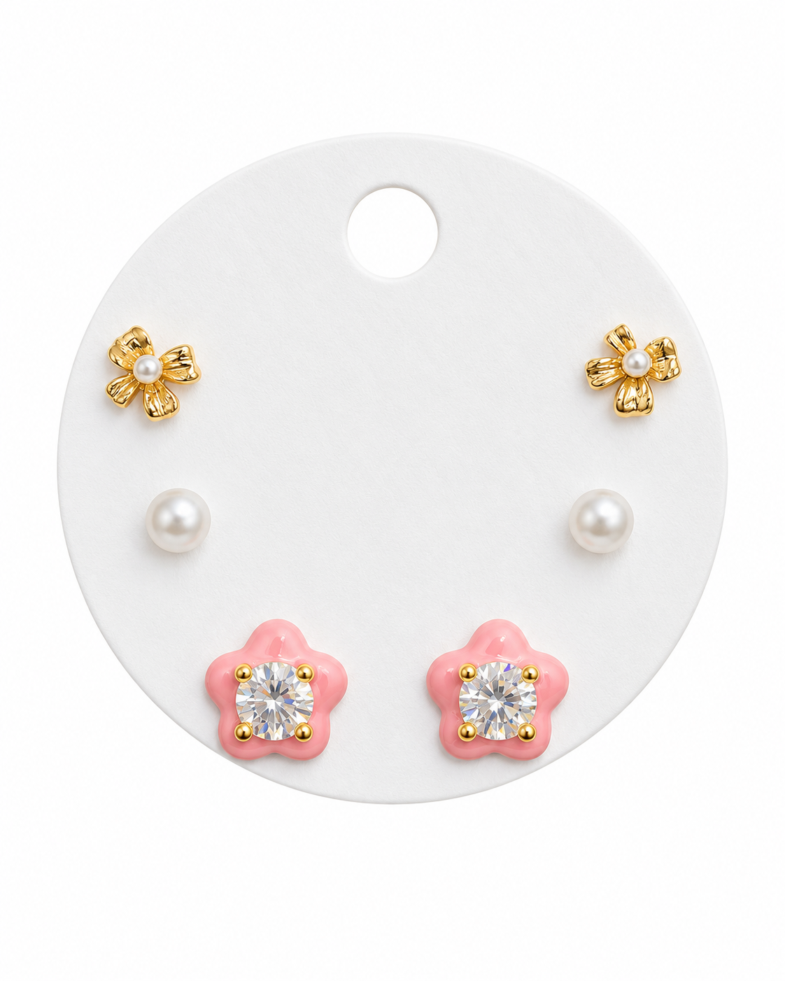 3 Pairs Flower Pearl Stud Earrings Set for Women – Elegant Gold Tone Cute Earrings