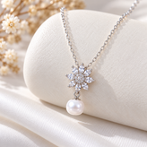 Silver Floral Crystal Pendant Necklace with White Pearl