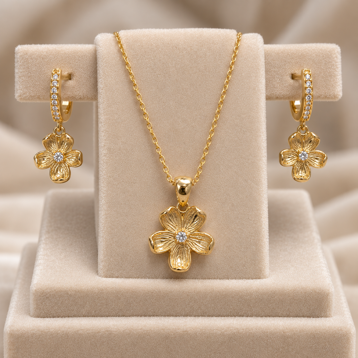 Gold Tone Five Petal Flower Necklace and Earrings Set