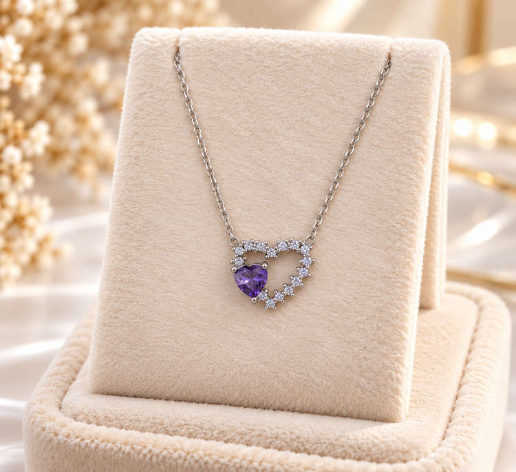 Purple Heart Crystal Pendant Necklace for Women