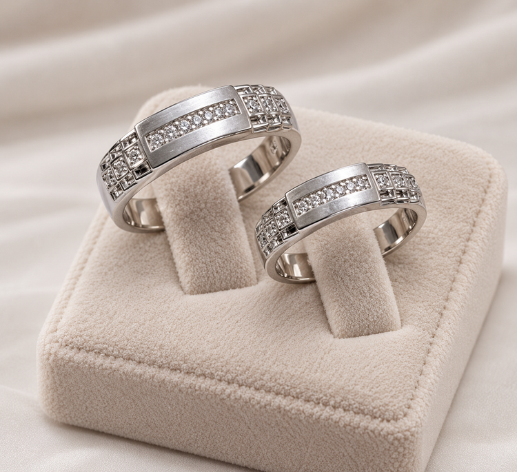 925 Sterling Silver Couple Wedding Rings with Geometric Design