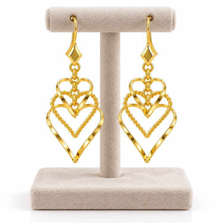 Yellow Gold Plated Silver Layered Heart Dangle Earrings