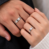 Geometric Silver Couple Wedding Rings Set with Clear Stone