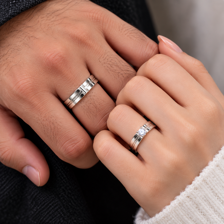 Geometric Silver Couple Wedding Rings Set with Clear Stone