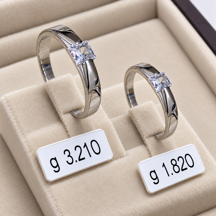 Silver Couple Wedding Ring Set with Square Solitaire Stones