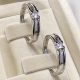 Silver Couple Wedding Ring Set with Clear and Purple Accent Stones